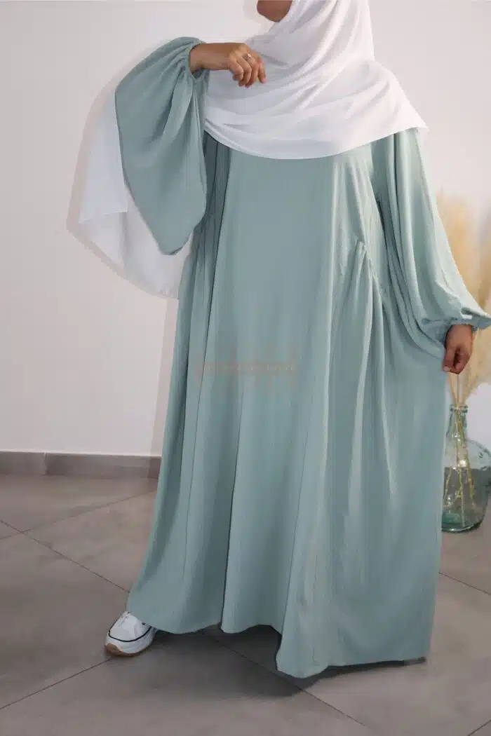 Abaya jazz vert d’eau à manches bouffantes pour femme musulmane