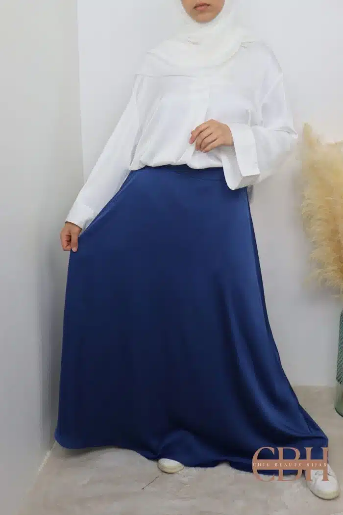 Jupe longue évasée satin bleue