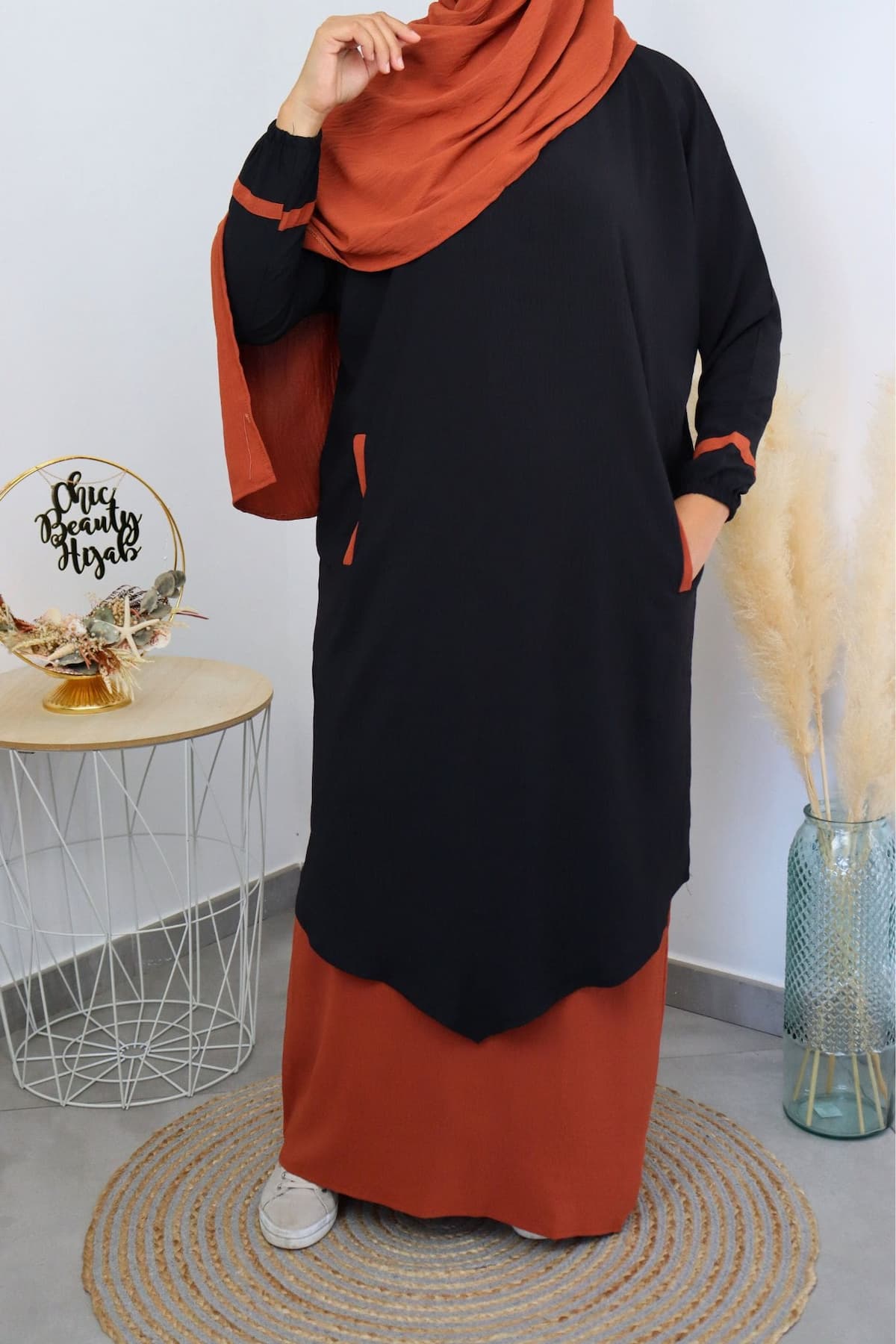Abaya 3pièces Myriam noire orange