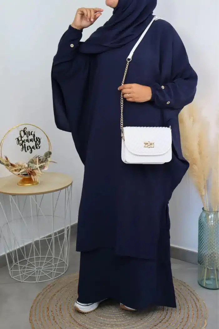 Abaya Rania bleue fluide – ensemble 3 pièces chic et confortable