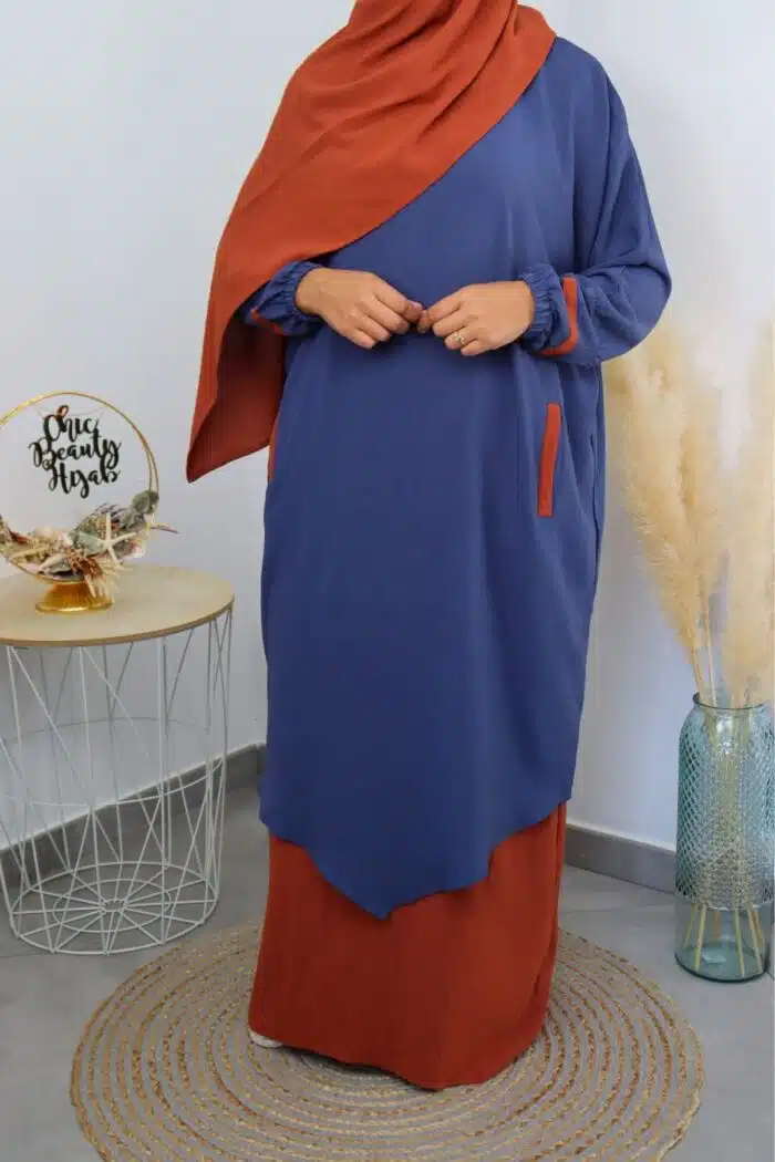 Abaya 3 pièces orange bleu– modèle Myriam style moderne et mastour